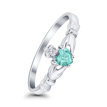 Claddagh Heart Promise Ring Simulated Paraiba Tourmaline CZ 925 Sterling Silver